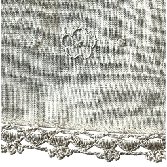 Round Beige Cotton Tablecloth With Madeira Style Appliqué Floral Design 34" Dia. - Picture 7 of 13